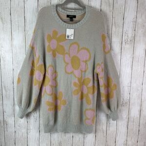 Forever 21+ Flower Power Sweater Sz 1X Long Sleeve Tunic Groovy 70’s Fuz…